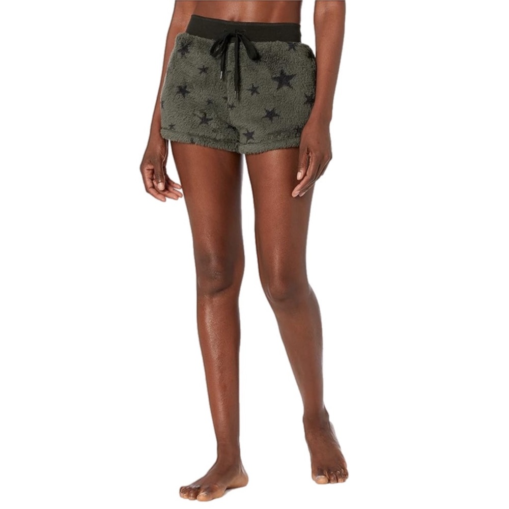 PJ Salvage Fuzzy Plush Olive Green Black Stars Lounge Sleep Shorts - XS